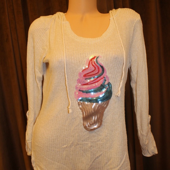 Sequin Thermal Drawstring Hi Lo Hoodie Sweater M - Picture 5 of 5